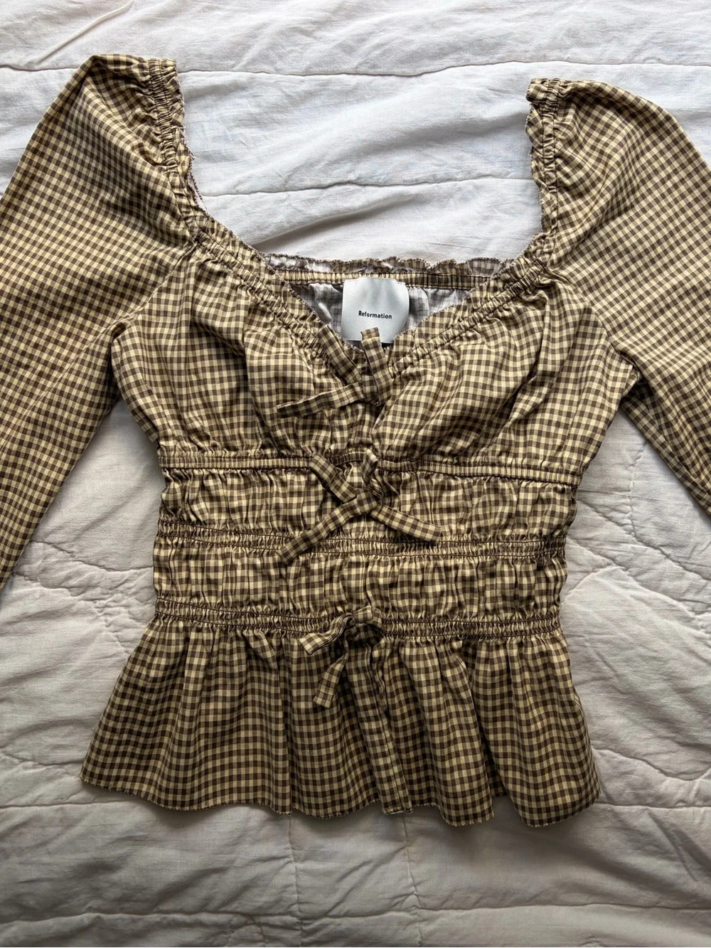 Reformation Lauryn Cotton Bow Blouse Top - Blondie Check French Size 8